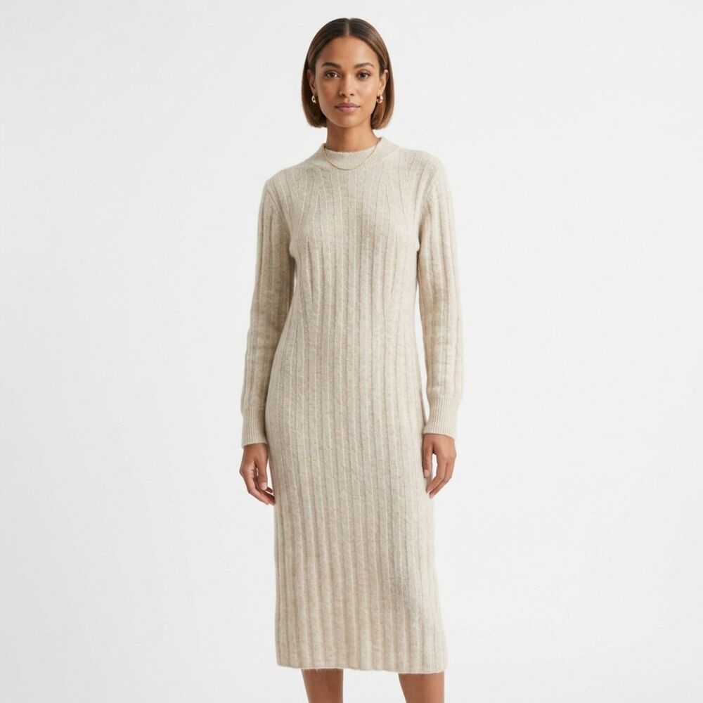 A New Day Women’s Size S Beige Oatmeal Ribbed Knit Midi Sweater Dress Stretch